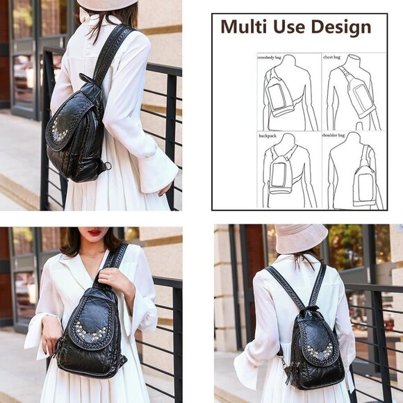 Women Soft Washed PU Black Leather Mini Waterproof Stylish Daypack Shoulder Bag - Picture 3 of 7